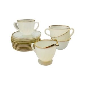 Anchor Hocking Fire King - White Swirl Gold Trim Milk Glass Tea Cup Set